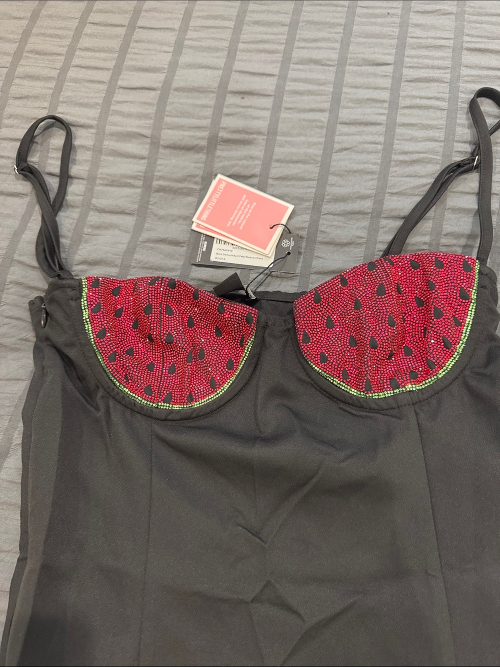 PrettyLittleThing Black Mini Dress with Pink Sequin Watermelon Cups - Picture 2 of 3